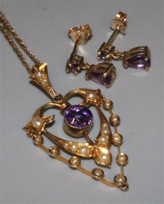 Edwardian 9ct gold amethyst and split pearl set shield shaped pendant on chain and pair amethyst pendant ear studs